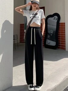1 Piece Pans Pants Oversize Elephant Leg High Waist Elastic Woman - 黑色 - 查看 1