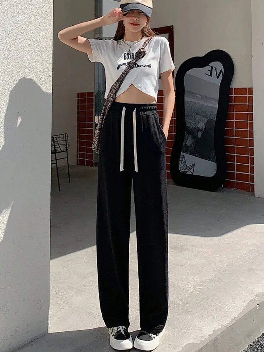 1 Piece Pans Pants Oversize Elephant Leg High Waist Elastic Woman - 黑色 - 查看 1