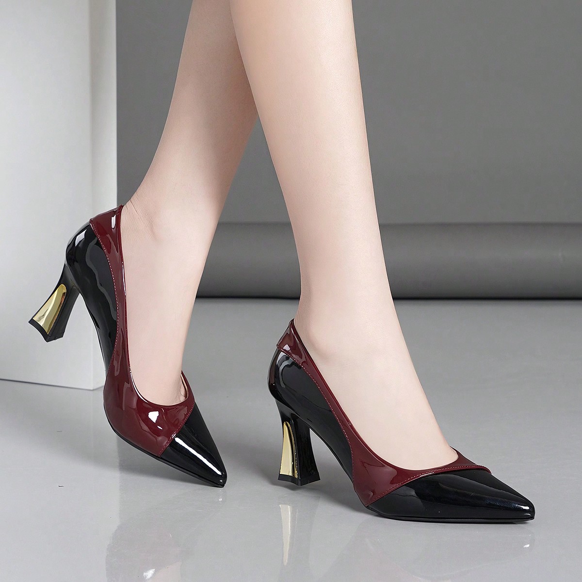Women's Pointed Toe Chunky Heel Pumps New Colorblock Black White Silver Gold Fashion Shoes