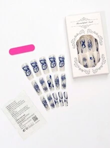 24入組壓克力棺材形狀假指甲,帶有蝴蝶和花卉印花和3d蝴蝶裝飾,包括1個指甲文件和1個果凍膠 - 藍色 - 查看 3