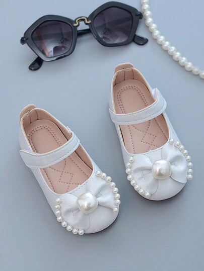 Girls' Colorful All-Match Leather Shoes, Four Seasons Princess Style Toddler Baby, Soft Flat Pre-Walker & Student Shoes, Fashionable Cute Pearl & Bow Knot Petite Shoes