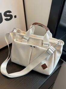 1pc White Minimalist Handbag, Women's Tote Bag, Fashion Casual Versatile Multi-Pocket Rectangular Bag, Suitable For Daily Use, Shopping, Commuting, Crossbody, Zipper Closure, Lightweight Foldable Canvas Bag, College Style - White - View 2