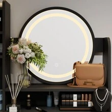 Vanity Desk Set With LED Lighted Round Mirror, Makeup Dressing Table With 5 Drawers, Storage Shelves & Cushioned Stool For Bedroom (Black)