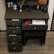Vanity Desk Set With LED Lighted Round Mirror, Makeup Dressing Table With 5 Drawers, Storage Shelves & Cushioned Stool For Bedroom (Black)