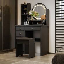 Vanity Desk Set With LED Lighted Round Mirror, Makeup Dressing Table With 5 Drawers, Storage Shelves & Cushioned Stool For Bedroom (Black)