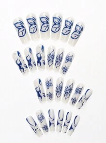 24入組壓克力棺材形狀假指甲,帶有蝴蝶和花卉印花和3d蝴蝶裝飾,包括1個指甲文件和1個果凍膠 - 藍色 - 查看 2