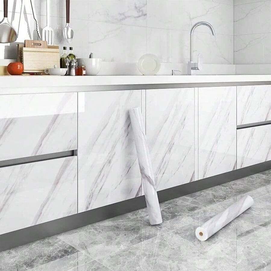 100cmMarble Self Adhesive Wall Stickers Kitchen Worktop Cupboard Cover Oil-Proof - Blanco - Ver 1