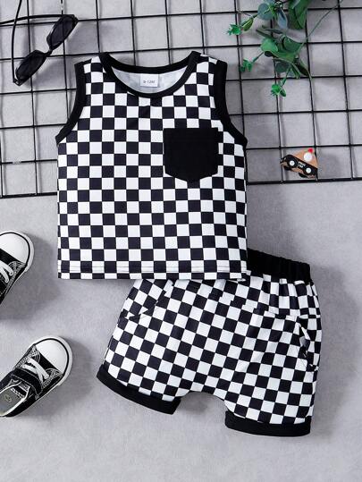Baby Boy 2pcs Plaid Round Neck Tank Top And Shorts Sports Casual Set, Spring/Summer