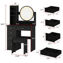 Vanity Desk Set With LED Lighted Round Mirror, Makeup Dressing Table With 5 Drawers, Storage Shelves & Cushioned Stool For Bedroom (Black)