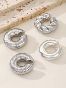 4 pièces Clips d'oreille en argent de grande taille en forme de cylindre creux en spirale en forme de C personnalisés et exagérés. Boucles d'oreilles convenant pour les fêtes, banquets et mariages quotidiens des femmes. - Argent - Voir 4