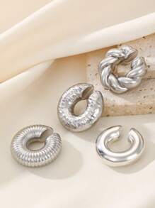 4 pièces Clips d'oreille en argent de grande taille en forme de cylindre creux en spirale en forme de C personnalisés et exagérés. Boucles d'oreilles convenant pour les fêtes, banquets et mariages quotidiens des femmes. - Argent - Voir 5