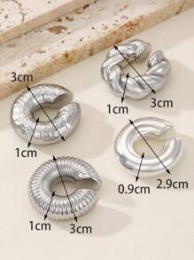 4 pièces Clips d'oreille en argent de grande taille en forme de cylindre creux en spirale en forme de C personnalisés et exagérés. Boucles d'oreilles convenant pour les fêtes, banquets et mariages quotidiens des femmes. - Argent - Voir 6