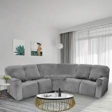 Funda de terciopelo para silla Relax de 5 plazas, funda elástica para sofá esquinero, juego de 7 piezas, funda antideslizante para sofá esquinero, protector de muebles en forma de L para sofá esquinero - Gris - Ver 1