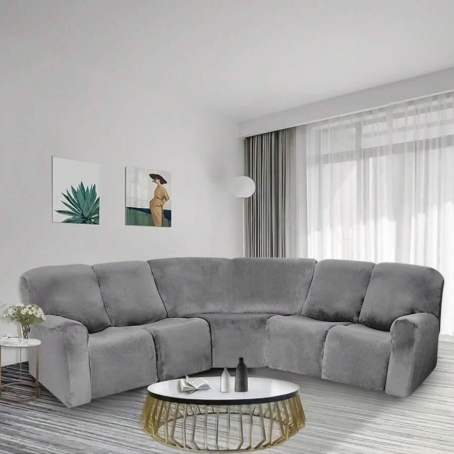 Funda de terciopelo para silla Relax de 5 plazas, funda elástica para sofá esquinero, juego de 7 piezas, funda antideslizante para sofá esquinero, protector de muebles en forma de L para sofá esquinero - Gris - Ver 1