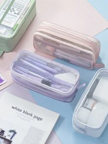 創意可伸縮筆袋,學校文具收納袋,可愛的純色筆袋,可愛的筆筒禮物,適合孩子的筆袋,網眼筆袋 - 米色 - 查看 2