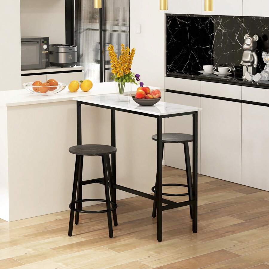 HOMCOM Juego de Mesa de Comedor Mesa Alta de Bar con 2 Taburetes Redondo 3 Piezas Marco de Acero Estilo Moderno para Cocina Salón Blanco y Negro - Blanco - Ver 1