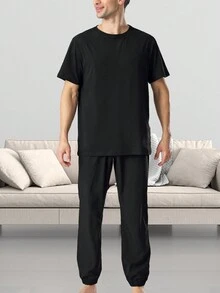 2 件/套男士睡衣套裝彈性 T 卹短袖速乾舒適柔軟休閒長褲,男士家居服套裝 - 黑色 - 查看 4