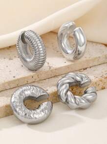 4 pièces Clips d'oreille en argent de grande taille en forme de cylindre creux en spirale en forme de C personnalisés et exagérés. Boucles d'oreilles convenant pour les fêtes, banquets et mariages quotidiens des femmes. - Argent - Voir 3