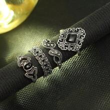 Set De 15 Joyería Vintage Plata Negra Anillos Vintage Gótico, Anillo Estilo Con Piedras Preciosas Artificial & Vintage Geométrico Multielemento , Adecuado Para De Mujeres Uso Diario - Plateado - Ver 5
