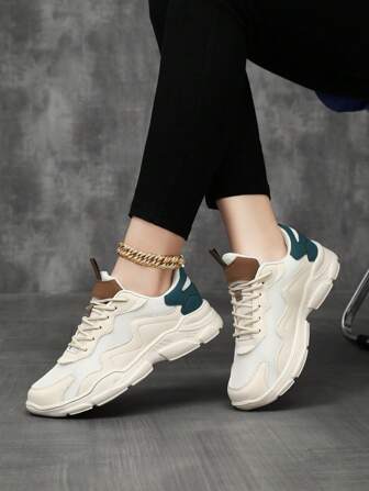 Women's Casual Sports White Shoes, Breathable Mesh, Mixed Color Lace-Up, Lightweight, Outdoor, Slip-On Wedge Running Shoes