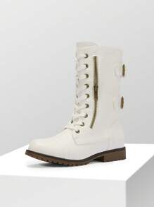 Women'S Combat Boots Lace Up Mid Calf Built-In Wallet Pocket Double Buckle Strap Decoration Comfortable Outdoor Motorcycle Christmas Winter Black Boots