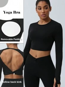 GOSOUER Top Corto Con Twist Sul Retro E Imbottitura Al Petto Per Donne, Maniche Lunghe Per Attività Sportive