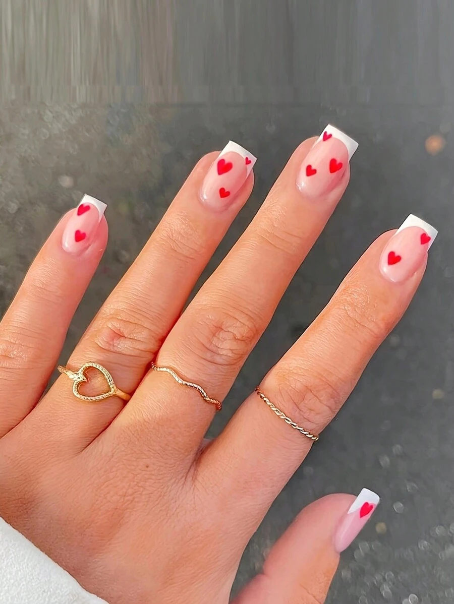 24入組粉色短方形假指甲，紅心和白色法式設計假指甲，全套假指甲套裝，包含1支指甲文件和1張指甲膠貼紙套件，適用於女孩、母親和女性禮物、美甲用品和批發，適用於節日、派對、情人節。自貼裝假甲 - 粉色 - 查看 1