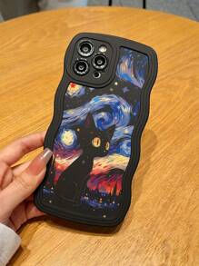 1 pieza Funda para teléfono con patrón de gato negro y espacio con ondas negras compatibles con iPhone - Multicolor - Ver 3