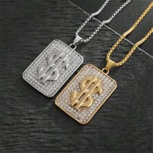 1pc Sparkling Diamond-Cut Gold Tone Square Pendant Necklace - Gold - View 3