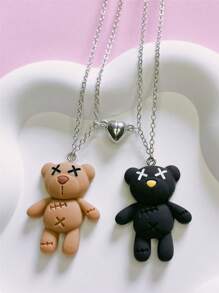 2 件时尚泰迪熊磁性情侣项链，最佳朋友礼物可爱卡通吊坠，适合女孩 - 銀色 - 查看 1