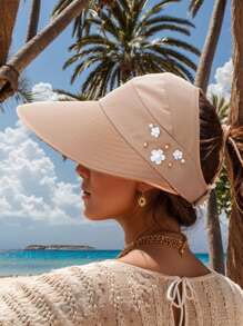 1 pezzo Nuovo cappello da secchio alla moda per donne, da viaggio e all aperto, con protezione solare, a tesa larga e pieghevole, con foro per la coda di cavallo, decorato con perle finte e motivo a foglie, adatto per uso casual quotidiano