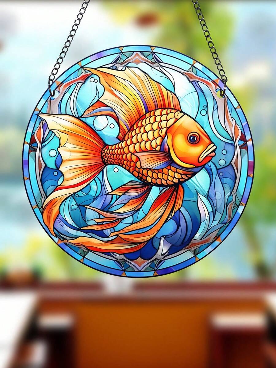 1入組海洋生物標誌亞克力圓盤,創意金魚牆畫懸掛工藝品,附鍊子適用於牆窗臥室辦公室宿舍裝飾美學 - 彩色 - 查看 1