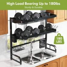 Over The Sink Dish Drying Rack, Large 3 Tier 304 Stainless Steel Dish Drainer Rack Organizer For Kitchen Shelf, Expandable Above Sink Dish Rack With 10 Hooks (Black - 25.5"-35.5") - Black - View 5