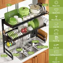 Over The Sink Dish Drying Rack, Large 3 Tier 304 Stainless Steel Dish Drainer Rack Organizer For Kitchen Shelf, Expandable Above Sink Dish Rack With 10 Hooks (Black - 25.5"-35.5") - Black - View 4