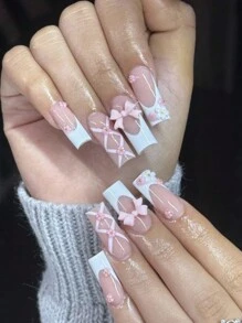 24入組淺粉色方形指甲藝術品,粉紅色蝴蝶結、粉色花卉設計+1個指甲文件+1個果凍膠 - 粉色 - 查看 1