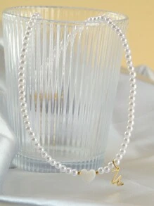 1pc Simple All-Match 26 Letters Pendant Faux Pearl Necklace, Essential For Traveling And Vacation - White - View 9