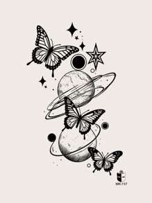 STARTTOOS 1 件黑色抽象設計蝴蝶、行星和花朵圖案臨時紋身貼紙適用於手臂/胸部/腹部/背部身體 - 黑色 - 查看 3