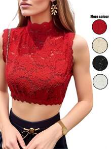 1 chiếc áo ba lỗ không tay cổ giả ren gợi cảm thoáng khí co giãn cho nữ, áo hai dây nhiều lớp thích hợp cho tiệc tùng, hẹn hò, những dịp trang trọng - Nhiều màu - Xem 1
