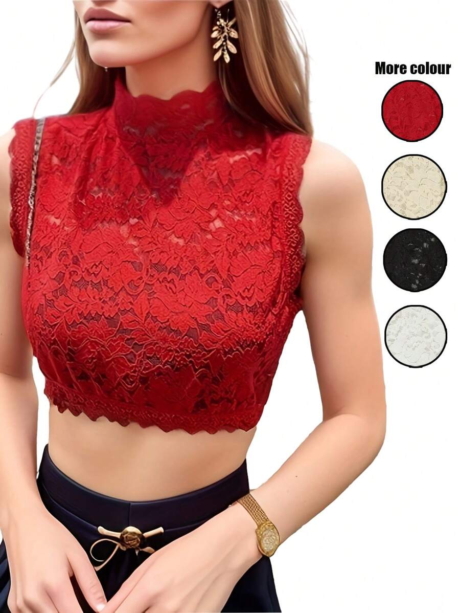 1 chiếc áo ba lỗ không tay cổ giả ren gợi cảm thoáng khí co giãn cho nữ, áo hai dây nhiều lớp thích hợp cho tiệc tùng, hẹn hò, những dịp trang trọng - Nhiều màu - Xem 1