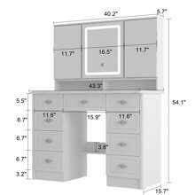 Modern Makeup Vanity Desk With Lighted Mirror, Vanity Table Dressing Table With 9 Drawers, Hidden Shelves & Foldable Mirror, 3 Color Lighting Modes, Brightness Adjustable