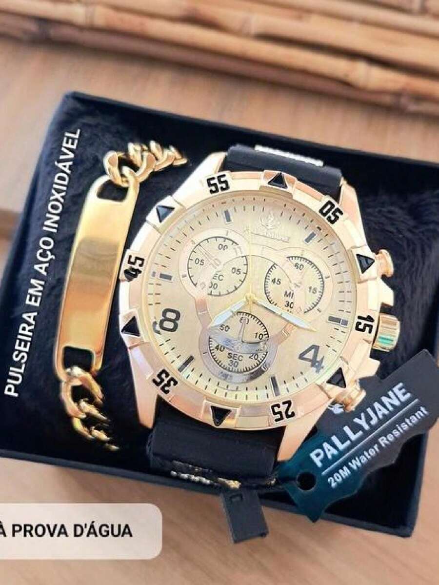 Kit de Relógio Masculino e Pulseira de Aço Inoxidável 18k - Dourado - Visão 1