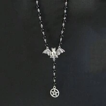 1件簡約個性化哥德風吸血鬼串珠項鍊,朋克蝙蝠和五芒星細節長款毛衣鎖骨項鍊 - 銀色 - 查看 1