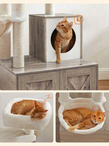 Feandrea Árbol para Gatos con Arenero Oculto, Rascador Moderno 2 en 1, Casa con Palos y Pompones Movibles, Gris - Gris - Ver 7