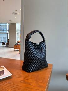 New Arrival Woven Bucket Bag, Fashionable And Stylish Handbag With Unique Design. Versatile Shoulder Bag/Crossbody Bag For Work, Commute, School, Or Casual Outings. Simple And Vintage Style. Perfect For Professionals, Students, And Anyone Seeking A Cute And Colorful Accessory. Dopamine Color Scheme. - 黑色 - 查看 6