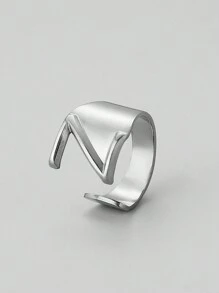 1pc European And American Style Stainless Steel Alphabet Ring, Street Style Adjustable Open Ring, Fashionable And Versatile Hip-Hop Party Ring