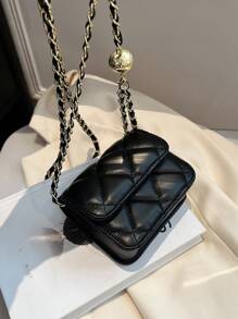 Mini簡約兒童方形斜背袋,實色pu材質,鏈帶肩帶,適合女孩,風尚高雅 - 黑色 - 查看 4