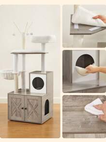 Feandrea Árbol para Gatos con Arenero Oculto, Rascador Moderno 2 en 1, Casa con Palos y Pompones Movibles, Gris - Gris - Ver 4