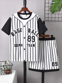 2pcs/Set Boys' Sports Style Striped Baseball Print Short Sleeve T-Shirt & Shorts Set, Summer - Black and White - View 2