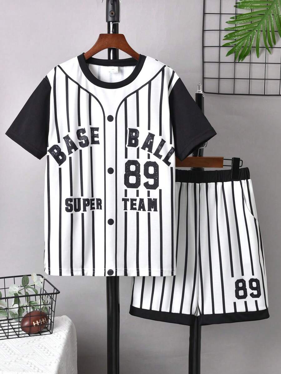 Vihyde Boys' Contrast Stripe Baseball Print Crew Neck Short Sleeve & Shorts Sports 2 Pieces Set - Black and White - View 1