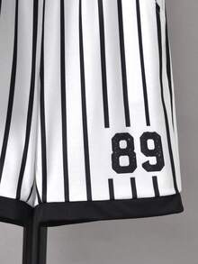 2pcs/Set Boys' Sports Style Striped Baseball Print Short Sleeve T-Shirt & Shorts Set, Summer - Black and White - View 7